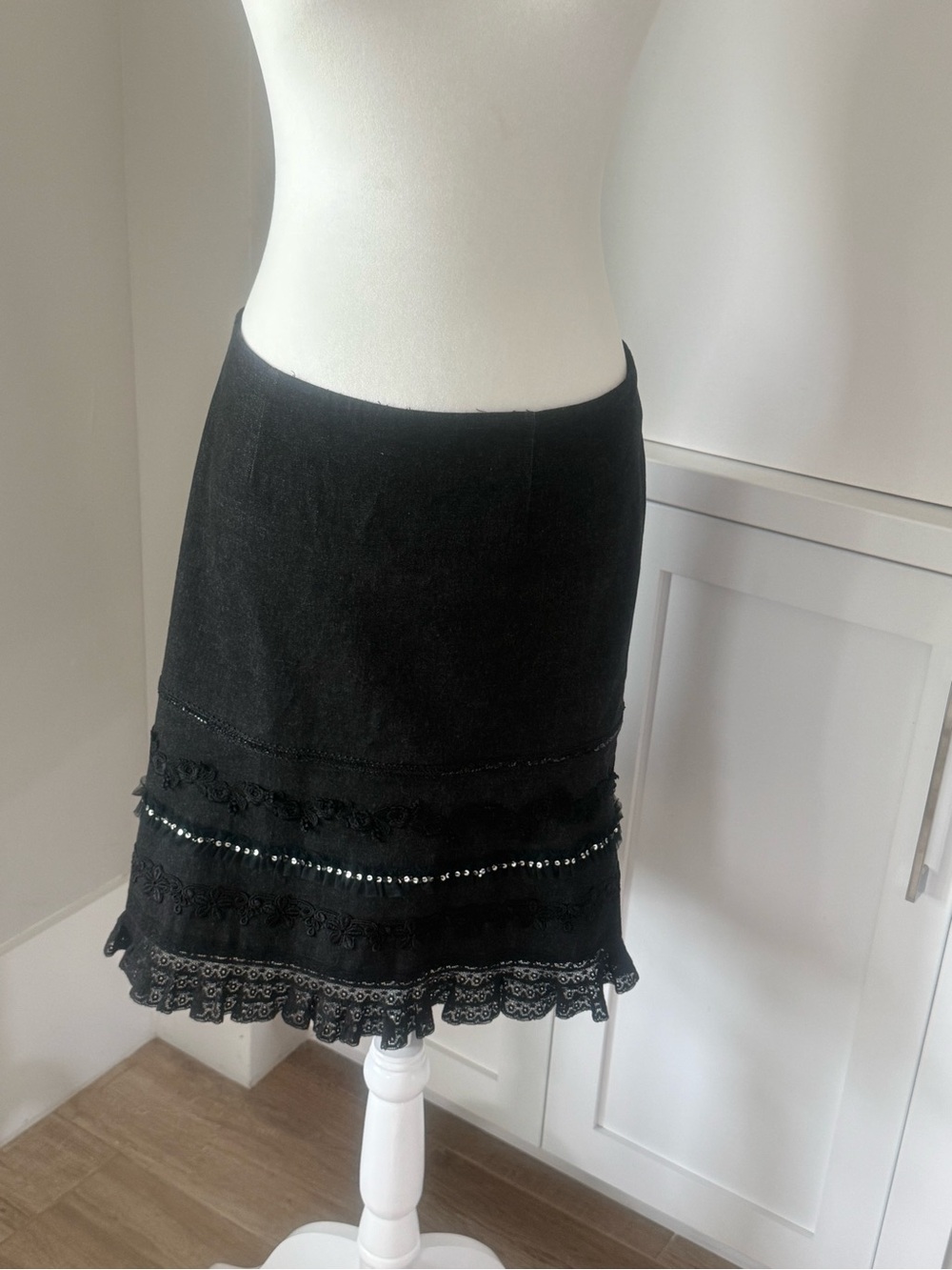 Nanette Lepore Black Mini Skirt with Lace & Bead Trim